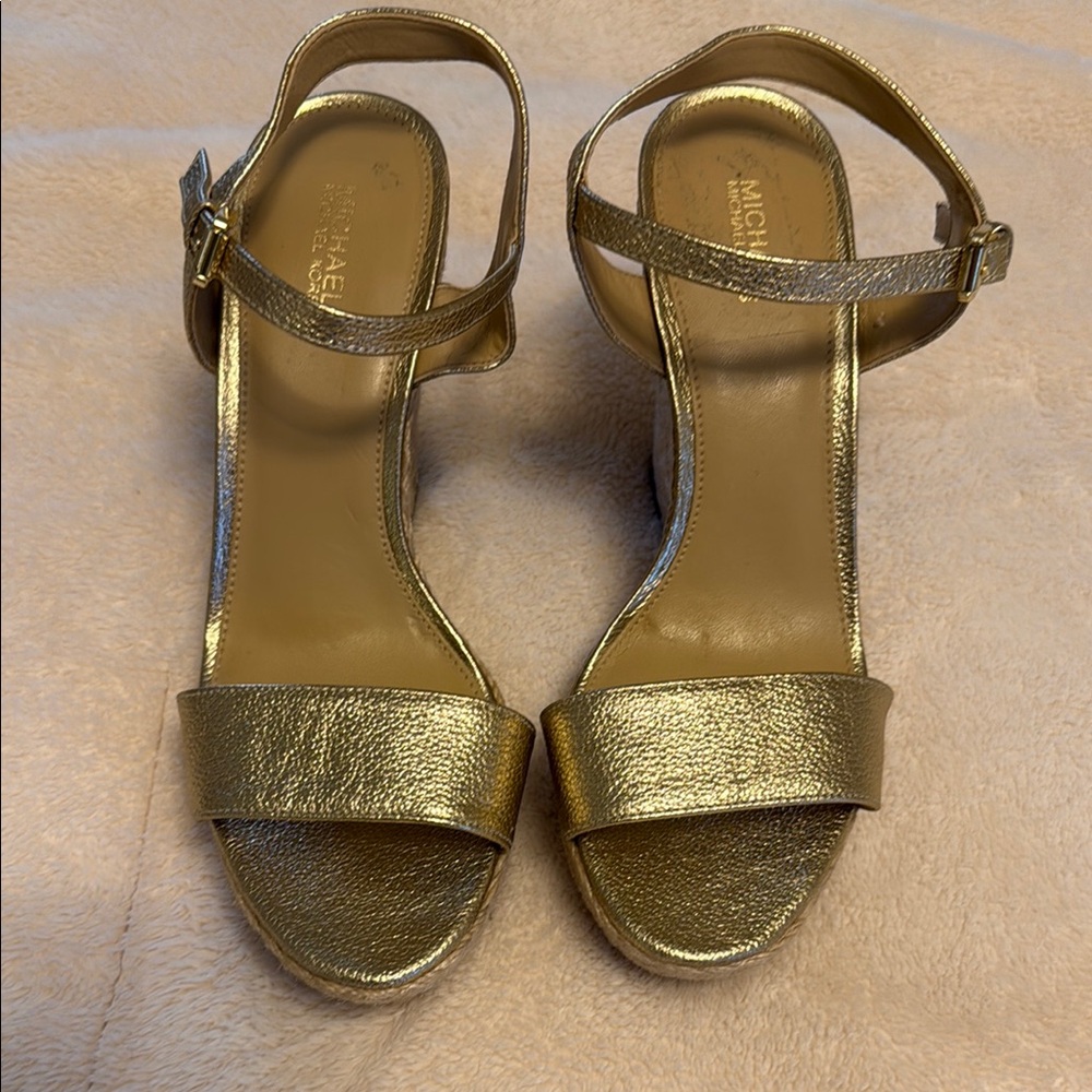 Michael Kors Gold Open-Toe Wedge Sandals with Strappy Design